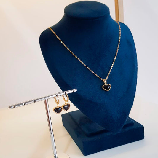 Conjunto Coração Preto Banhado a Ouro 18K